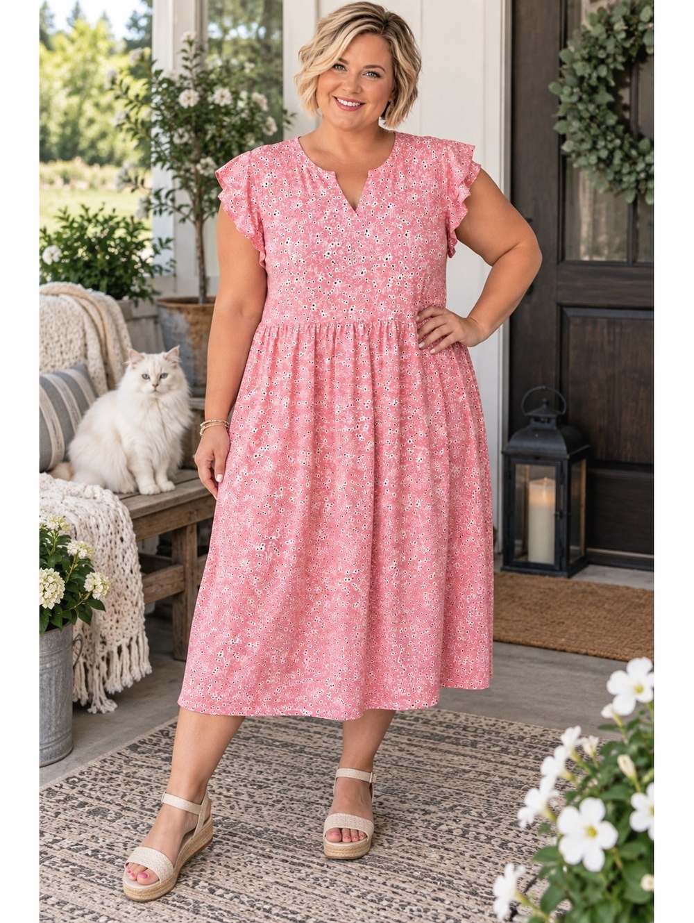 1201 NWT Fantaslook Large 21"PTP Pink Floral Midi Dress Flutter Sleeves A0001201